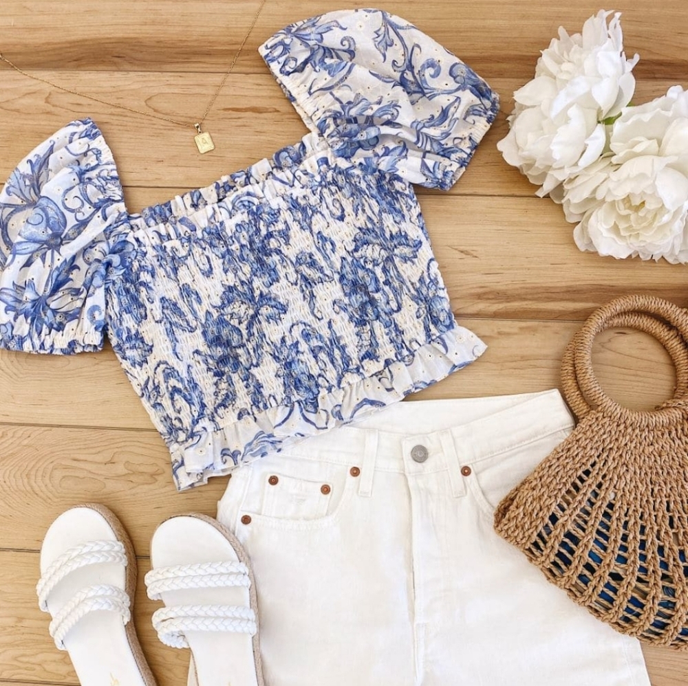 Lucy Paris Blue and White Smocked Puff Sleeve Top